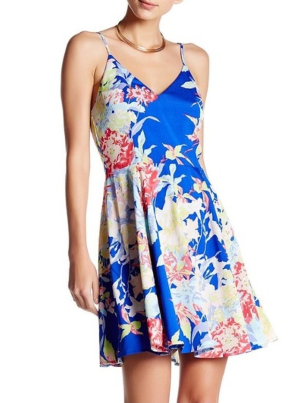 Yumi Kim XS Blue Colorful Floral Print V- Neck Fit & Flare Dress